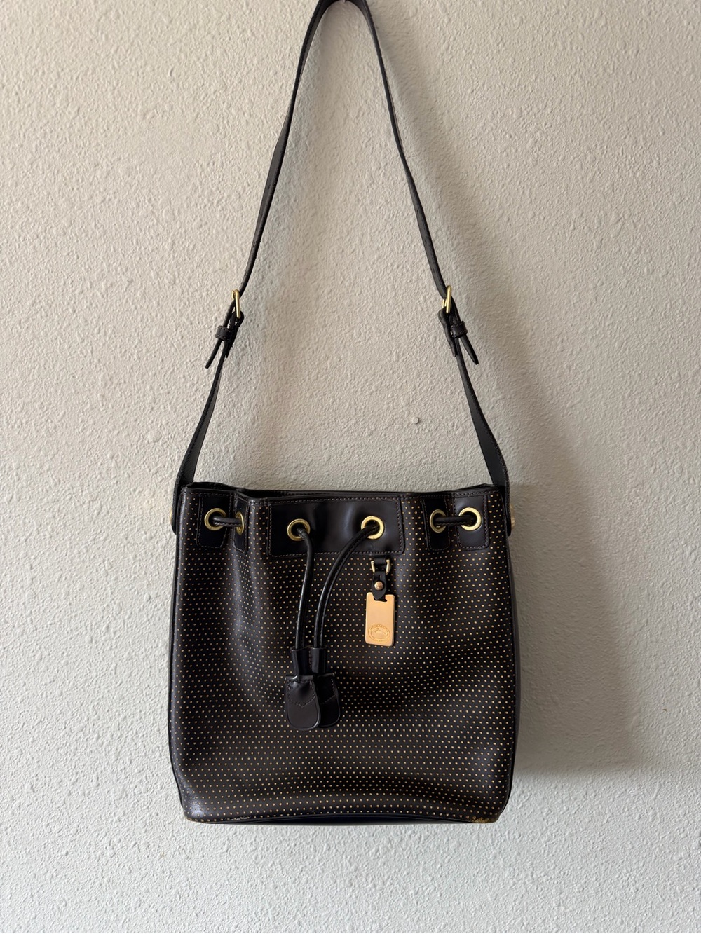 Vintage Dooney & Bourke Perforated Leather Drawstring Bucket Bag - Black & Gold